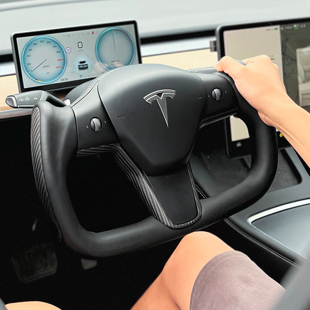 3 pièces/ensemble pour Tesla Y modèle fibre de carbone voiture volant  revêtement d'habillage cadre autocollant décoratif voiture intérieur style