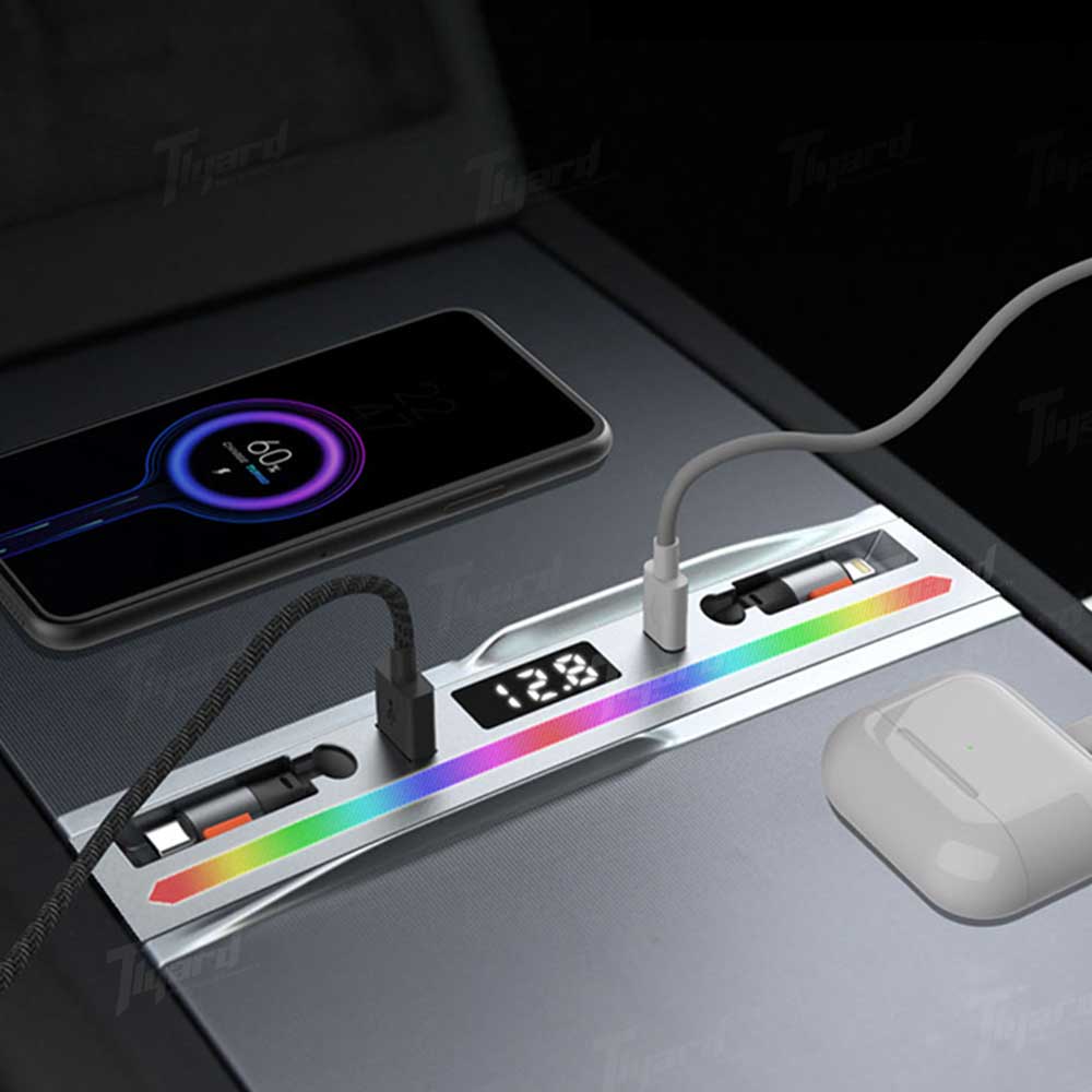 Tesla Model 3 Highland/ Model Y Juniper USB Hub Multifunction Docking Station with Retractable Fast Charging Cable & Dynamic Ambient Light | Tlyard