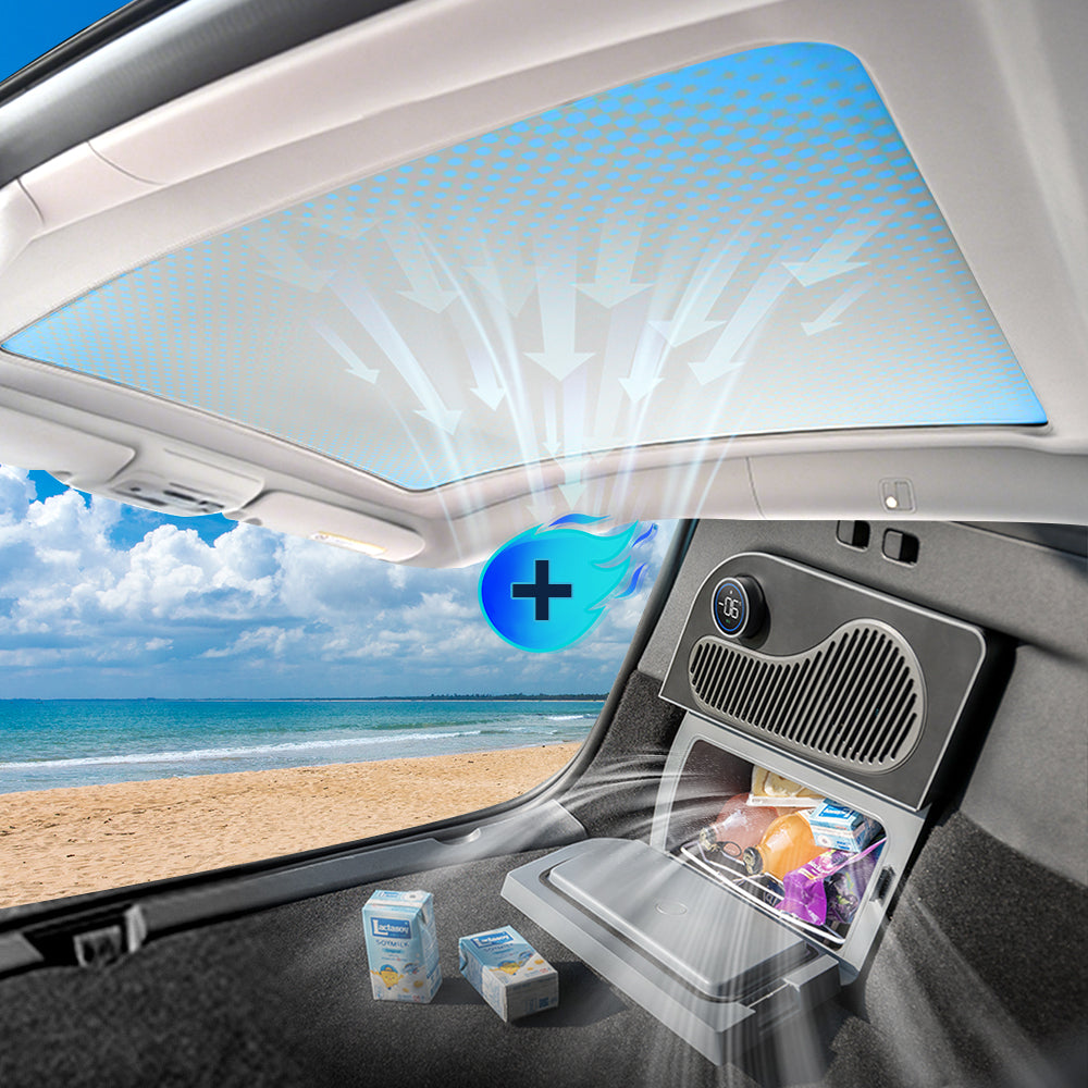 2020-2025 Tesla Model Y Retractable Sunshade + 16L Compressor Fridge – Ultimate Summer Cooling Combo for Model Y & Juniper