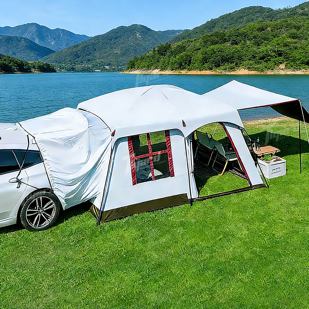 tesla model 3 camping tent Tlyard Tesla Camping Suite: All-Weather SUV Rear Extension Tent