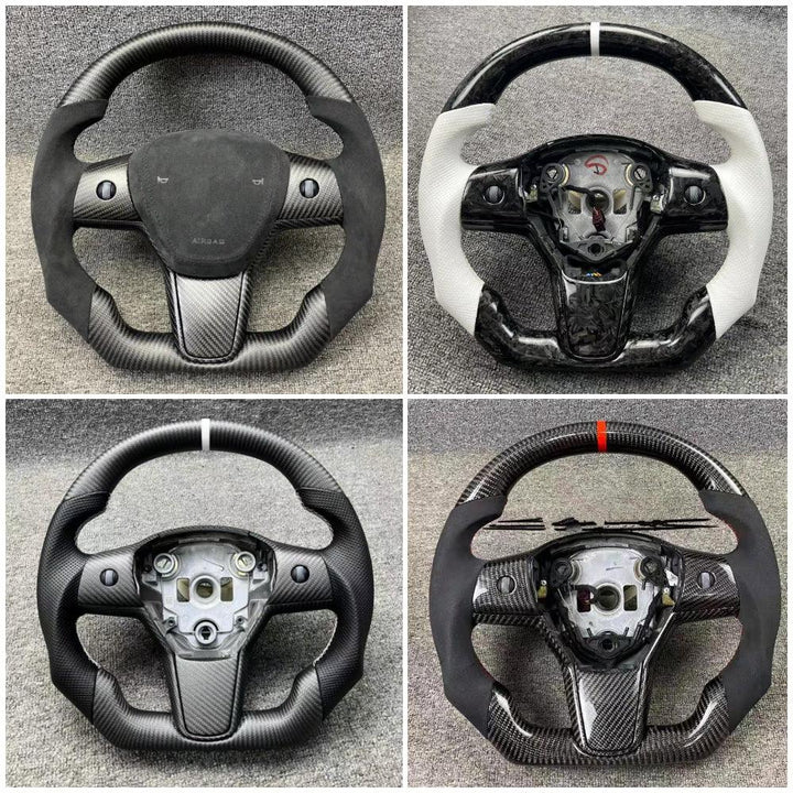 Model S/ X/ Plaid Customized Design Round Real Carbon Fiber Steering Wheel - Tlyard
