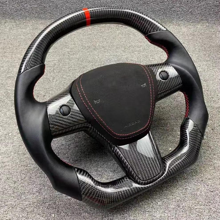 Model S/ X/ Plaid Customized Design Round Real Carbon Fiber Steering Wheel - Tlyard