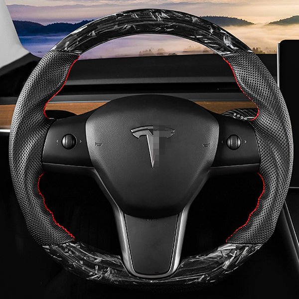 Model S/ X/ Plaid Customized Round Nappa Leather Carbon Fiber Steering Wheel