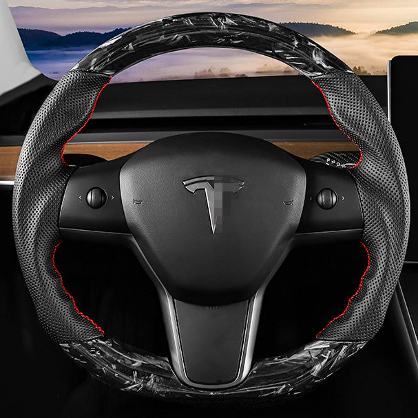 Model S/ X/ Plaid Customized Round Nappa Leather Carbon Fiber Steering Wheel