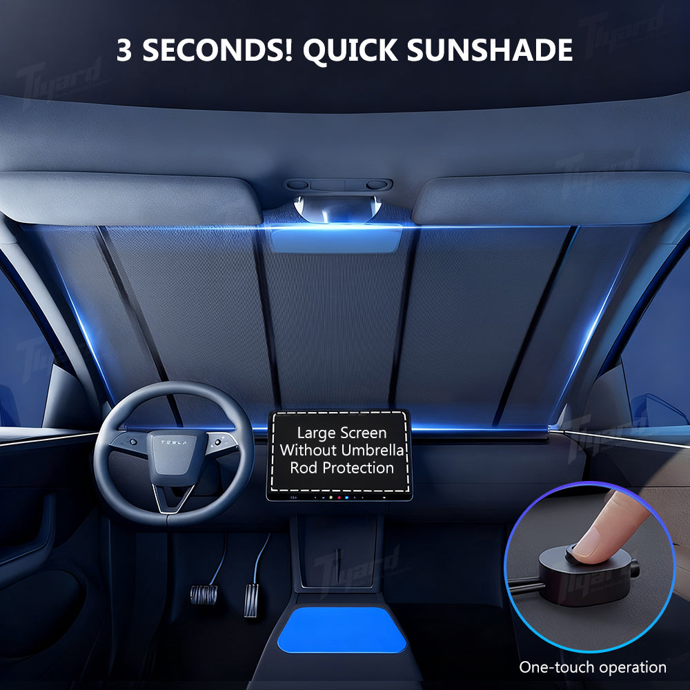 Electric Windshield Sunshade for Model Y/Y Juniper & Model 3/3 Highland Auto-Retractable One-Touch Control Smart Sunshade | Tlyard