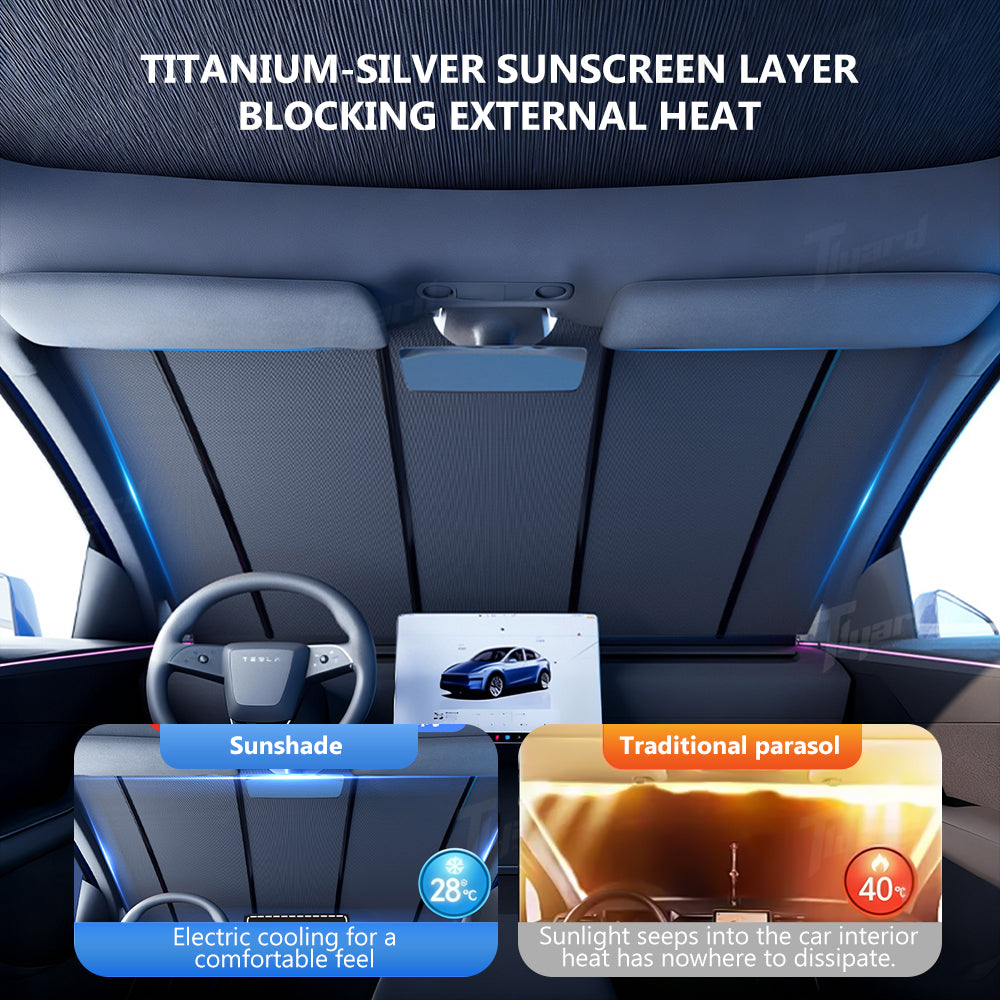 Electric Windshield Sunshade for Model Y/Y Juniper & Model 3/3 Highland Auto-Retractable One-Touch Control Smart Sunshade | Tlyard