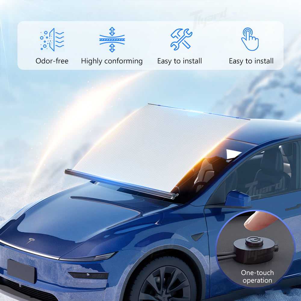 Electric Windshield Sunshade for Model Y/Y Juniper & Model 3/3 Highland Auto-Retractable One-Touch Control Smart Sunshade | Tlyard
