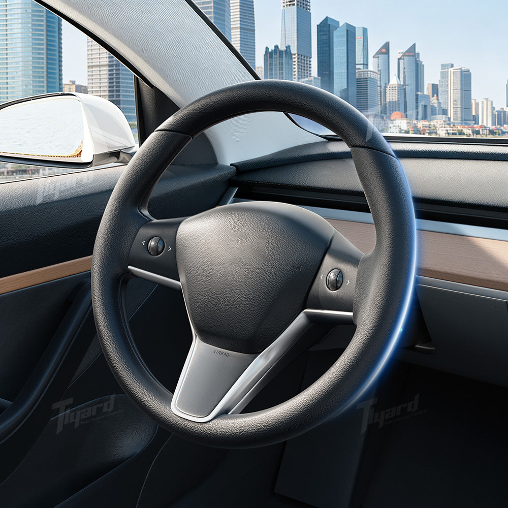OEM Style Round Leather Steering Wheel Replacement for Tesla Model 3 & Model Y | Tlyard (Buttons Included)