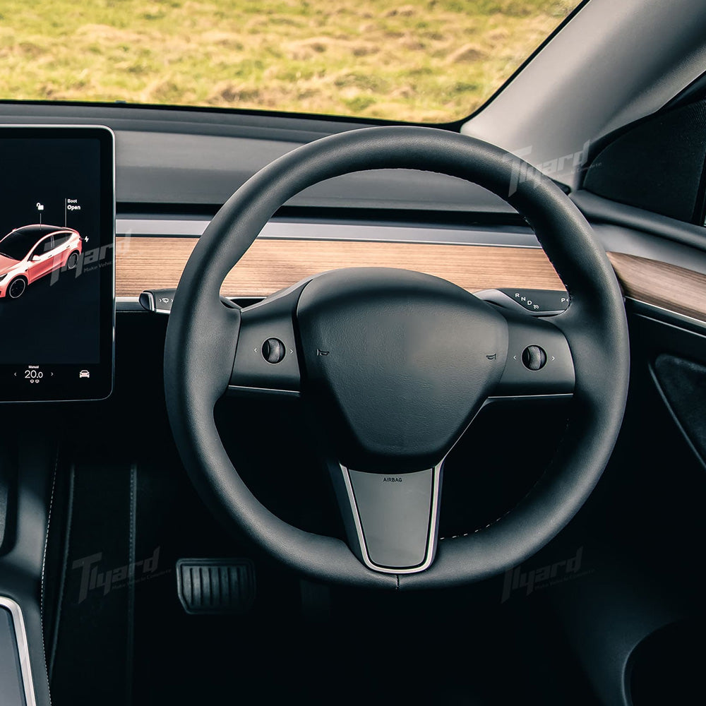 OEM Style Round Leather Steering Wheel Replacement for Tesla Model 3 & Model Y | Tlyard (Buttons Included)