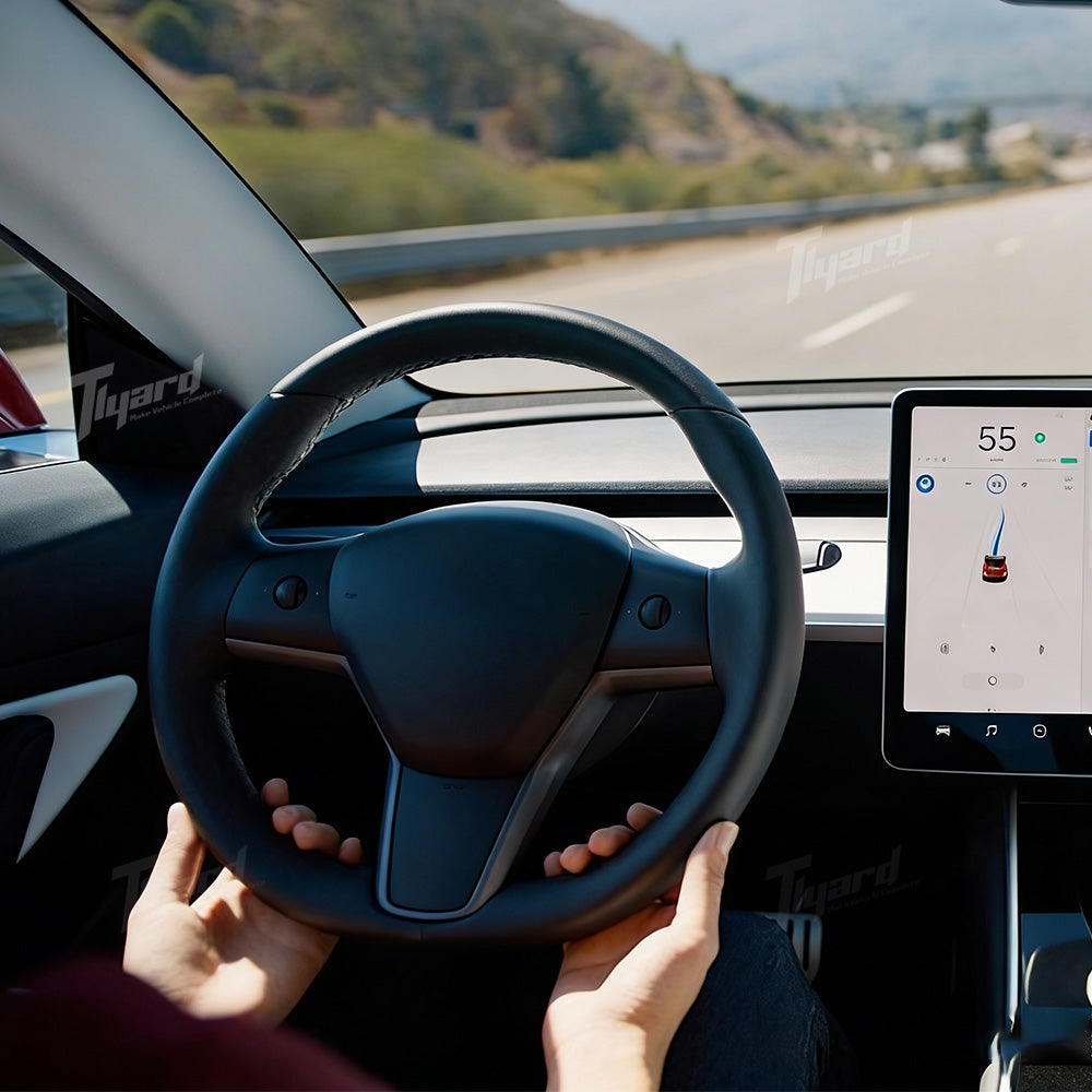 OEM Style Round Leather Steering Wheel Replacement for Tesla Model 3 & Model Y | Tlyard (Buttons Included)