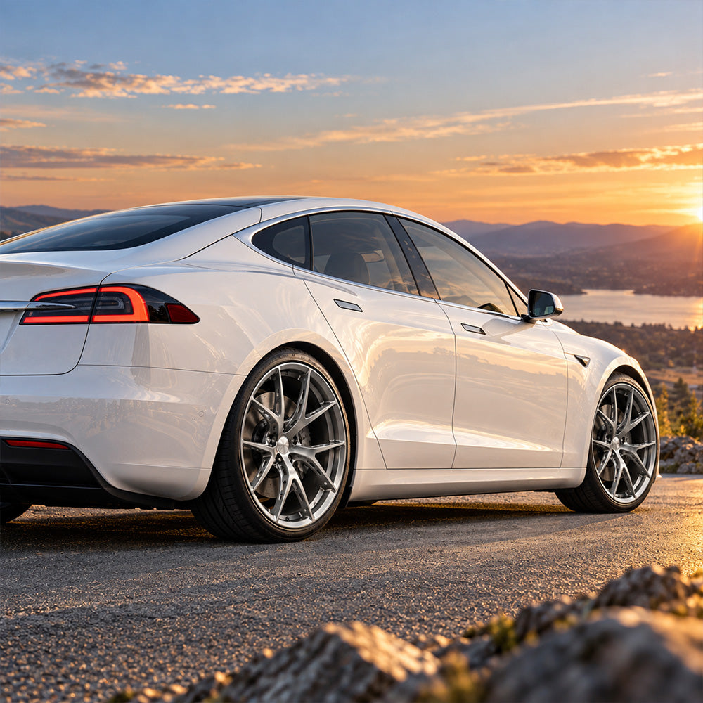 Tesla Model 3 with TLS-08 forged wheels sunset rear view