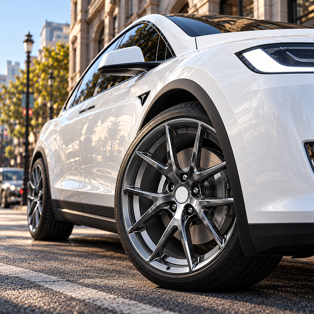Tesla with TLS-08 forged wheels urban close-up