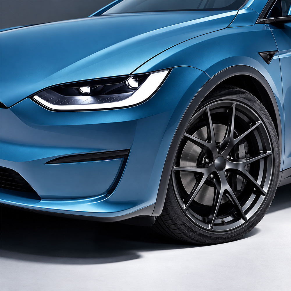 TLS-08 forged wheels installed on Tesla front close-up