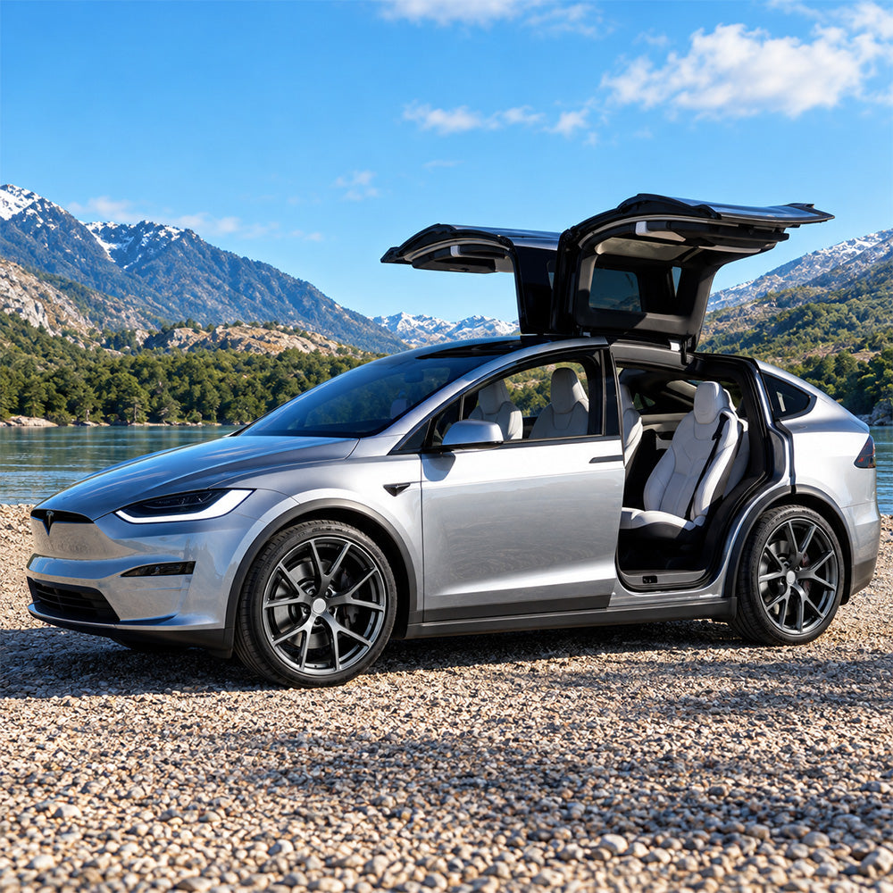 Tesla Model X with TLS-08 forged wheels lakeside falcon door view