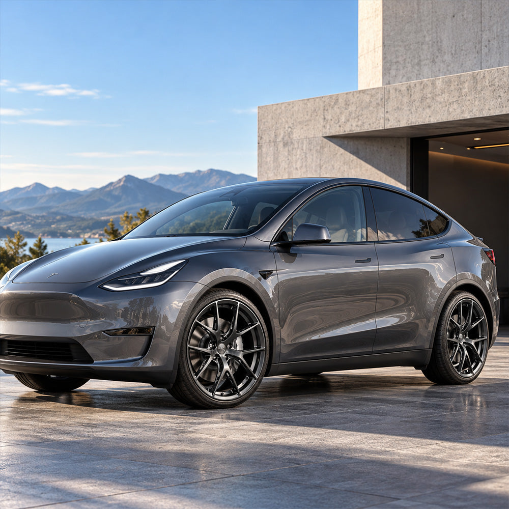 Tesla Model Y with TLS-08 forged wheels modern home view