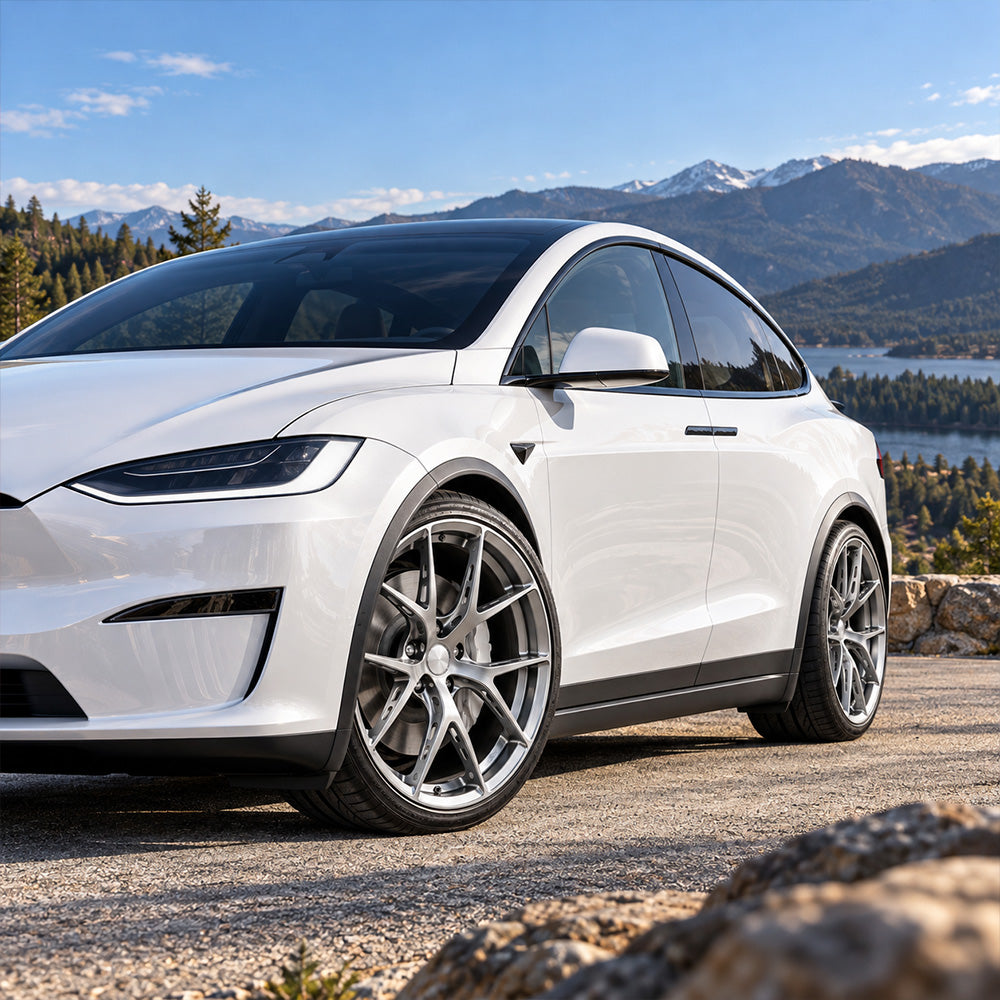 Tesla Model Y with TLS-08 forged wheels mountain view