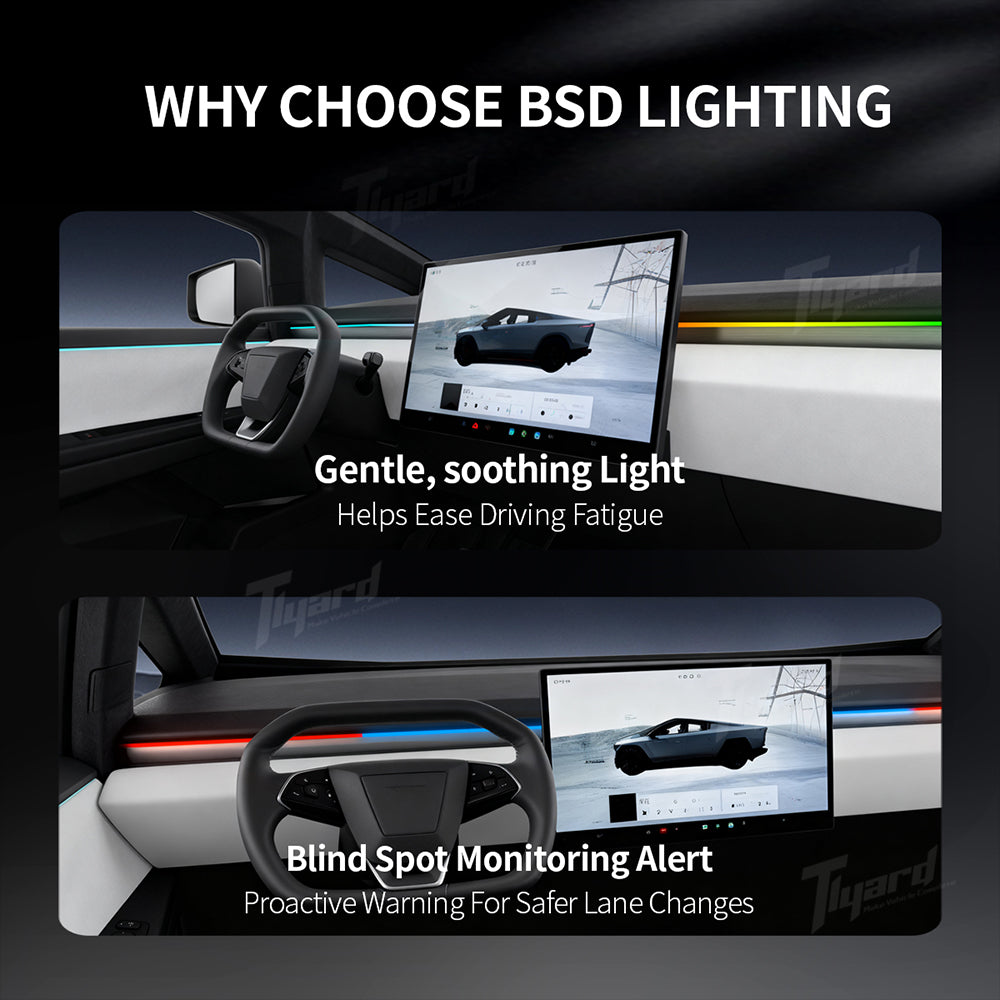 Tesla Cybertruck Smart BSD Ambient Lighting - Intelligent Blind Spot Detection & Interactive Interior Mood Lights | Tlyard