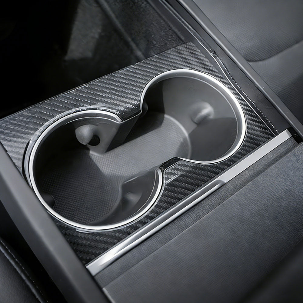 Tesla Model 3 Highland Real Carbon Fiber Cup Holder Cover Trim - Front & Rear Center Console Water Cup Frame Decoration | Tlyard