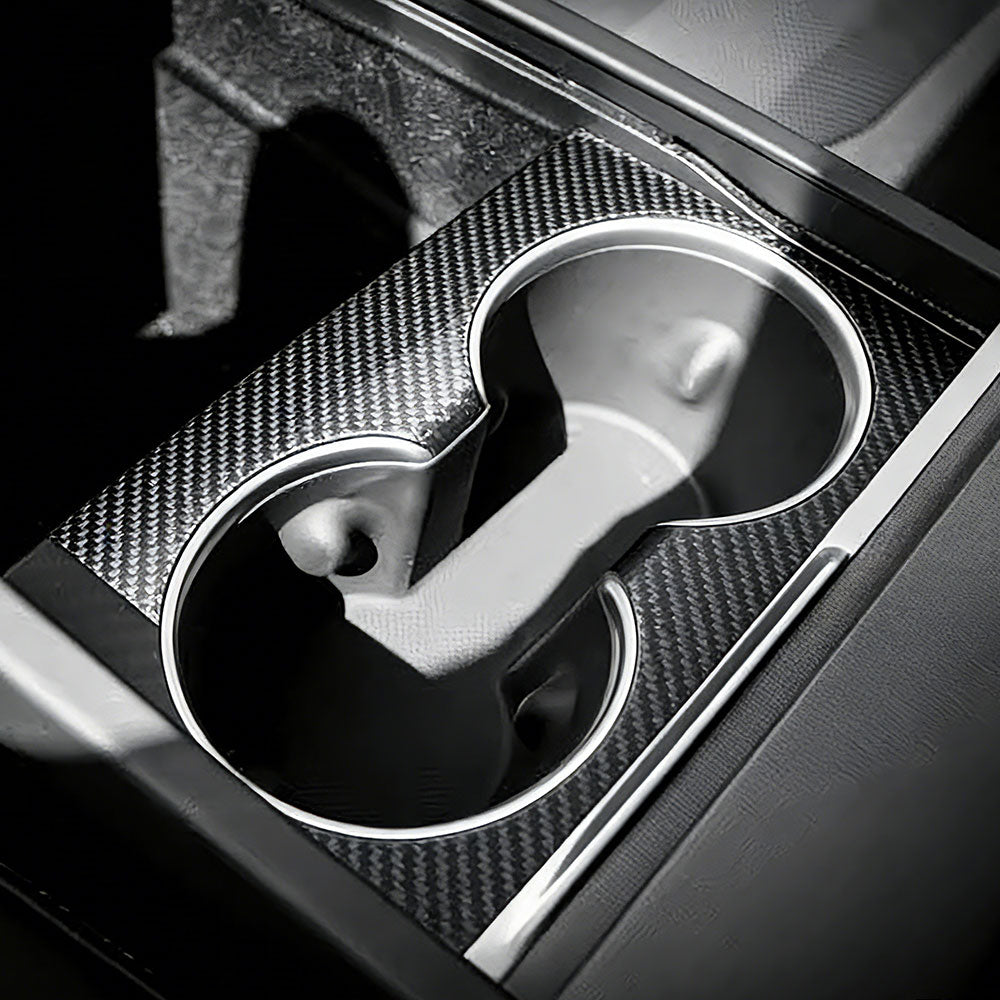 Tesla Model 3 Highland Real Carbon Fiber Cup Holder Cover Trim - Front & Rear Center Console Water Cup Frame Decoration | Tlyard