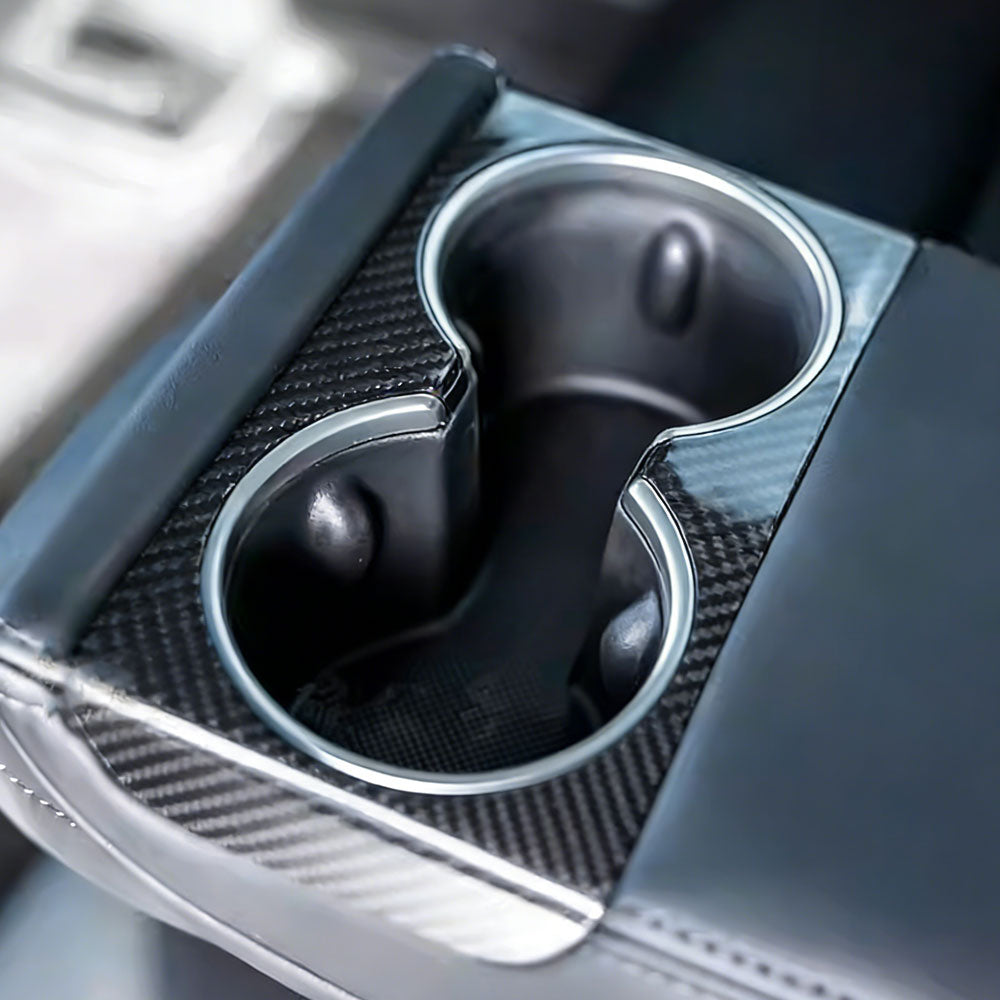 Tesla Model 3 Highland Real Carbon Fiber Cup Holder Cover Trim - Front & Rear Center Console Water Cup Frame Decoration | Tlyard