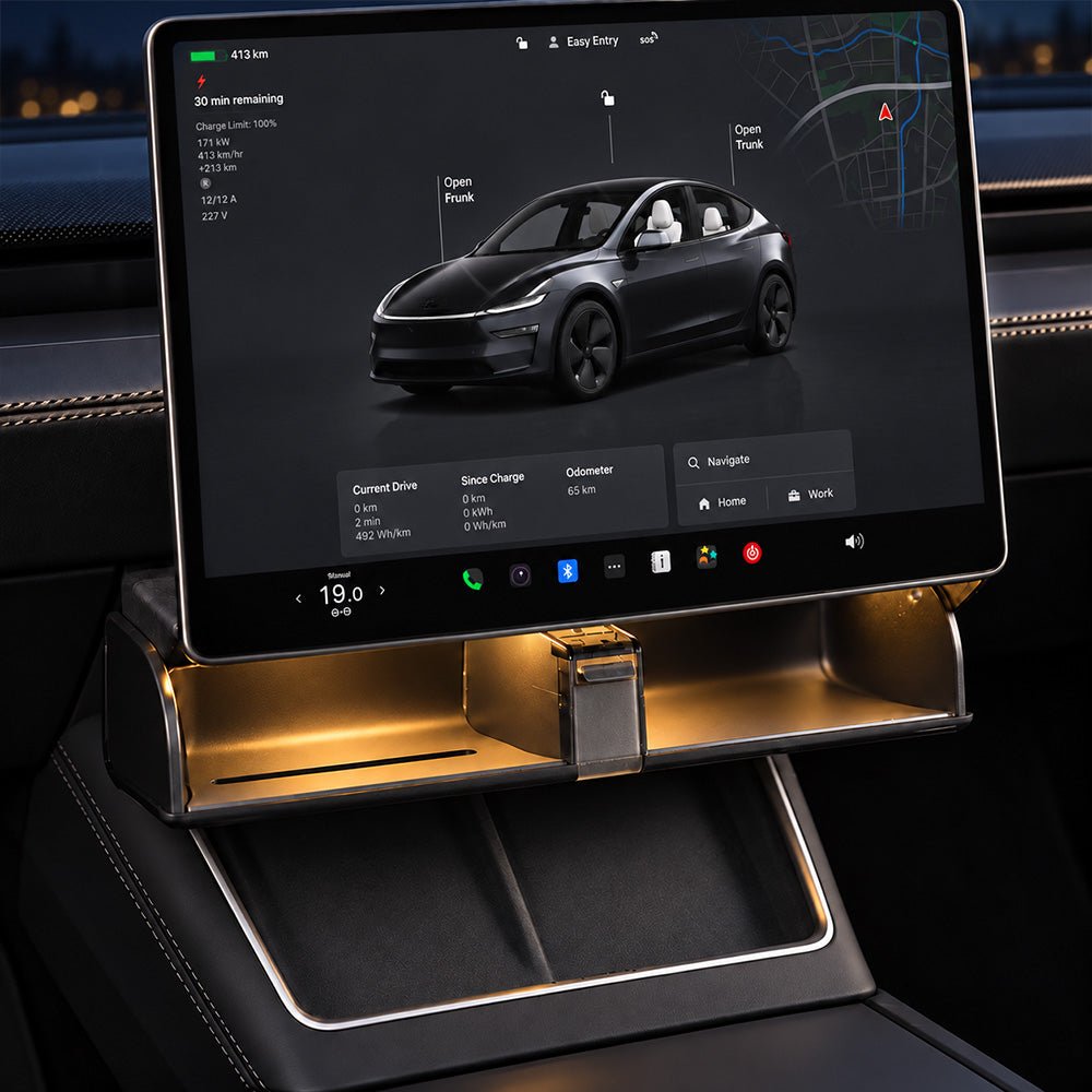 Tesla Model 3 & Model Y Under Screen Hidden Storage Tray with LED Light (2017-2026+)