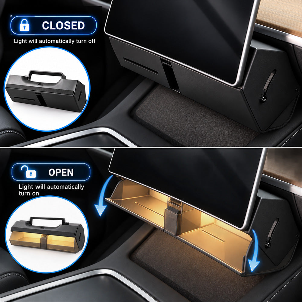 Tesla Model 3 & Model Y Under Screen Hidden Storage Tray with LED Light (2017-2026+)