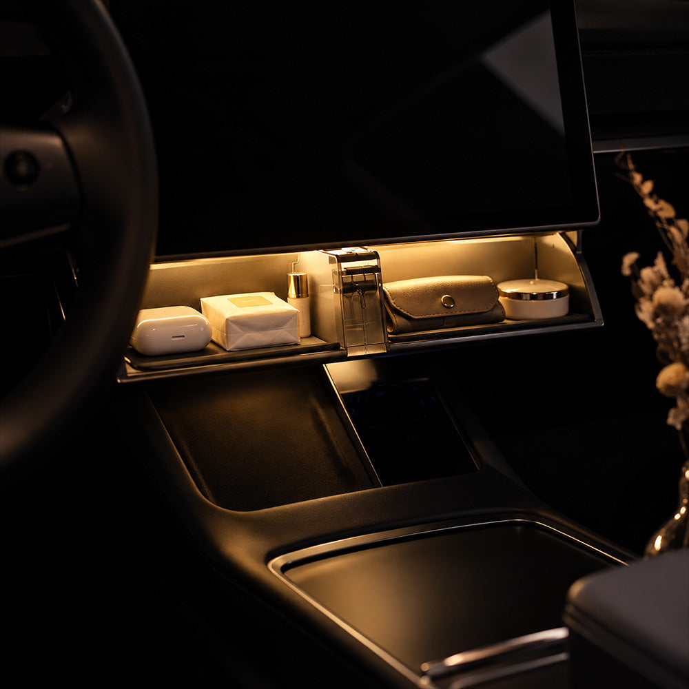 Tesla Model 3 & Model Y Under Screen Hidden Storage Tray with LED Light (2017-2026+)