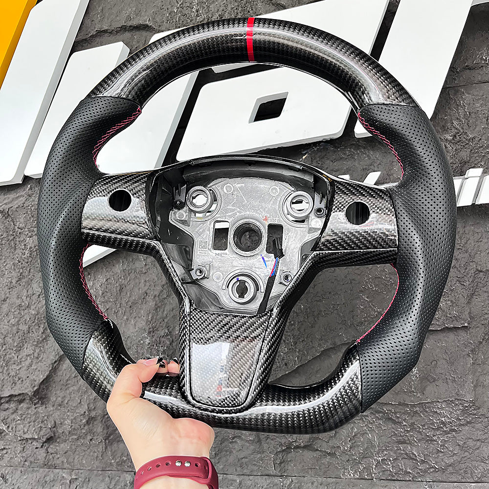 Customized Sport Round Heated Real Carbon Fiber Steering Wheel For Model 3/ Y