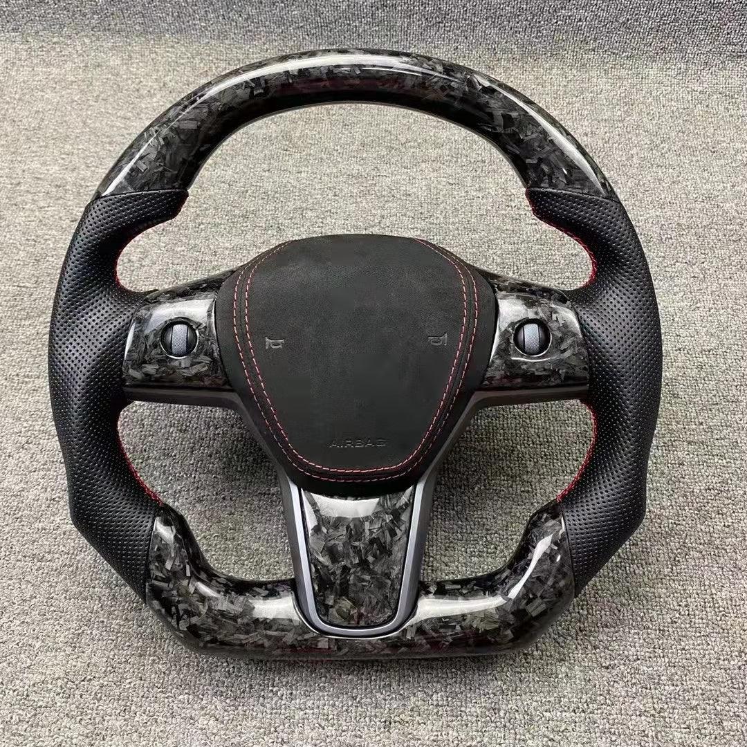 Model S/ X/ Plaid Customized Design Round Real Carbon Fiber Steering Wheel - Tlyard