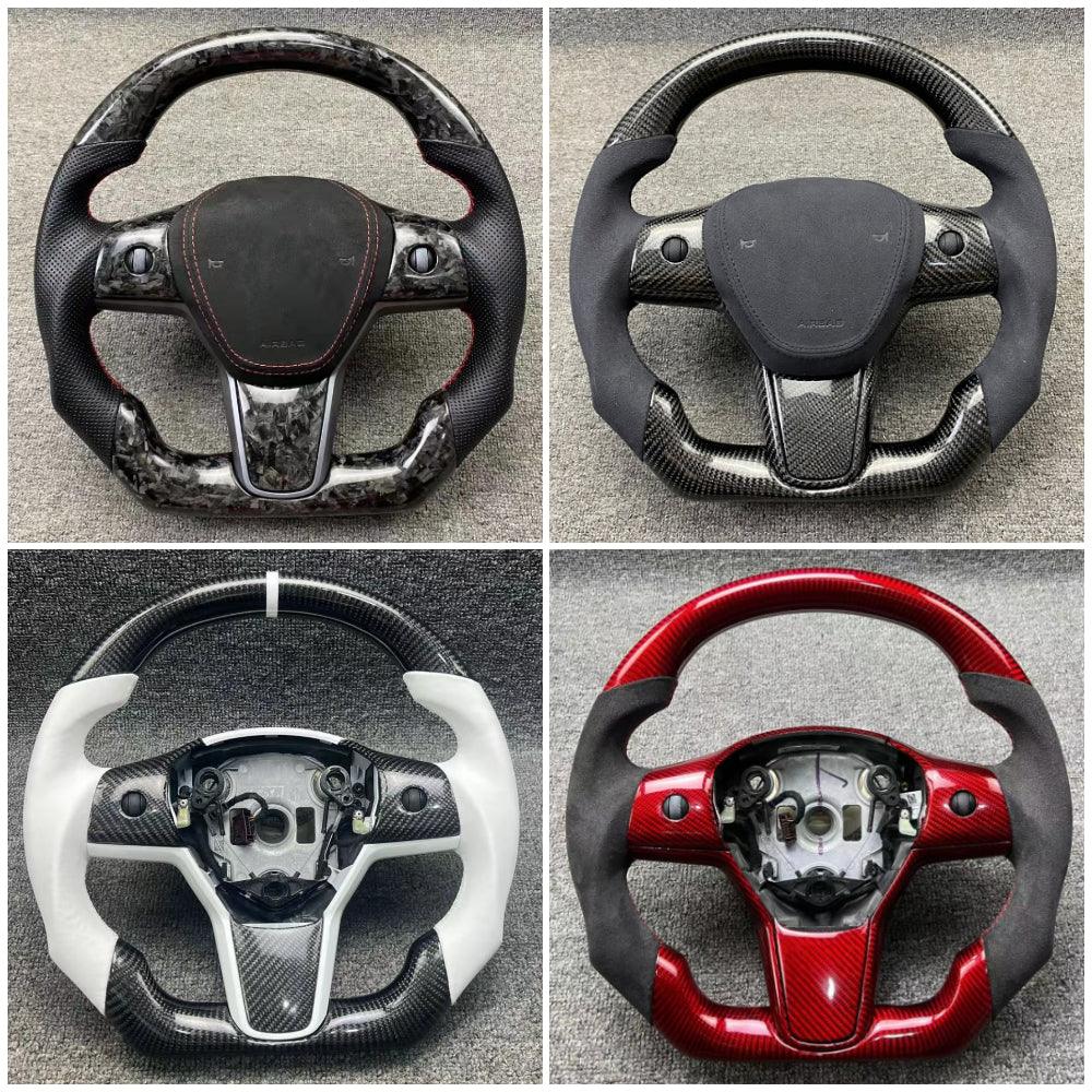 Customized Sport Round Heated Real Carbon Fiber Steering Wheel For Model 3/ Y - Tlyard