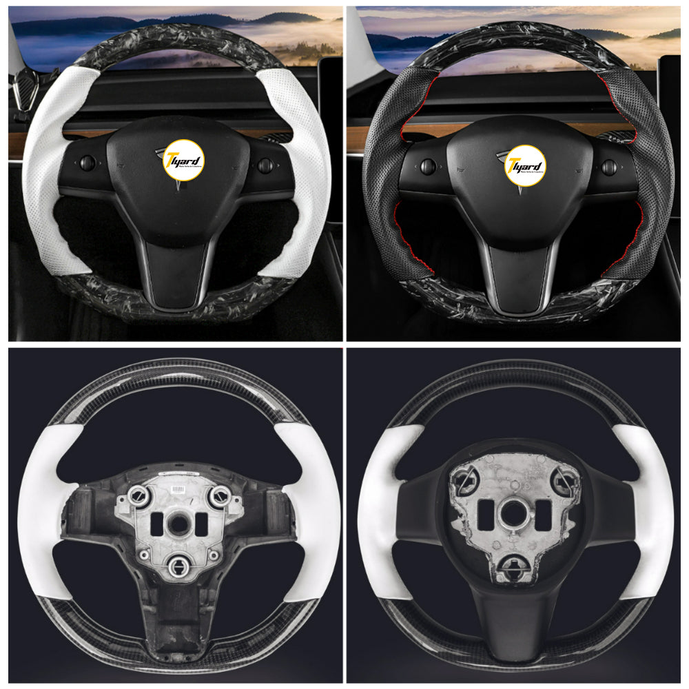 Model S/ X/ Plaid Customized Round Nappa Leather Carbon Fiber Steering Wheel