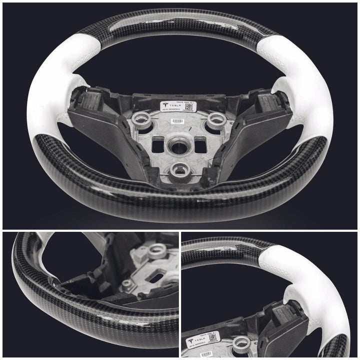 Model S/ X/ Plaid Customized Round Nappa Leather Carbon Fiber Steering Wheel - Tlyard