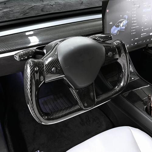 Custom Yoke Style Full Real Carbon Fiber Heated Steering Wheel For Model 3/ Y - Tlyard