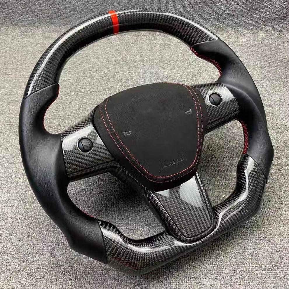 Customized Sport Round Heated Real Carbon Fiber Steering Wheel For Model 3/ Y - Tlyard